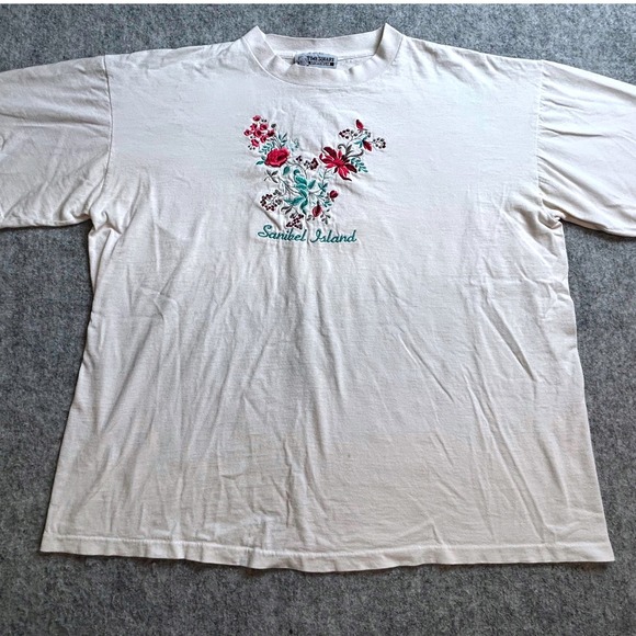 Vintage 90s Sanibel Island Floral Embroidered T Shirt XL Beige Vacation - Picture 1 of 9